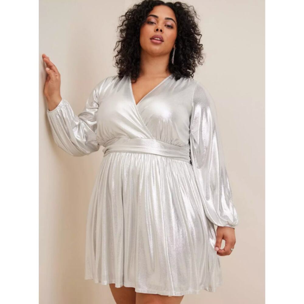 Torrid Mini Liquid Knit Surplice Dress Metallic Silver Party Torrid 3 3XL 22-24 - Picture 10 of 11